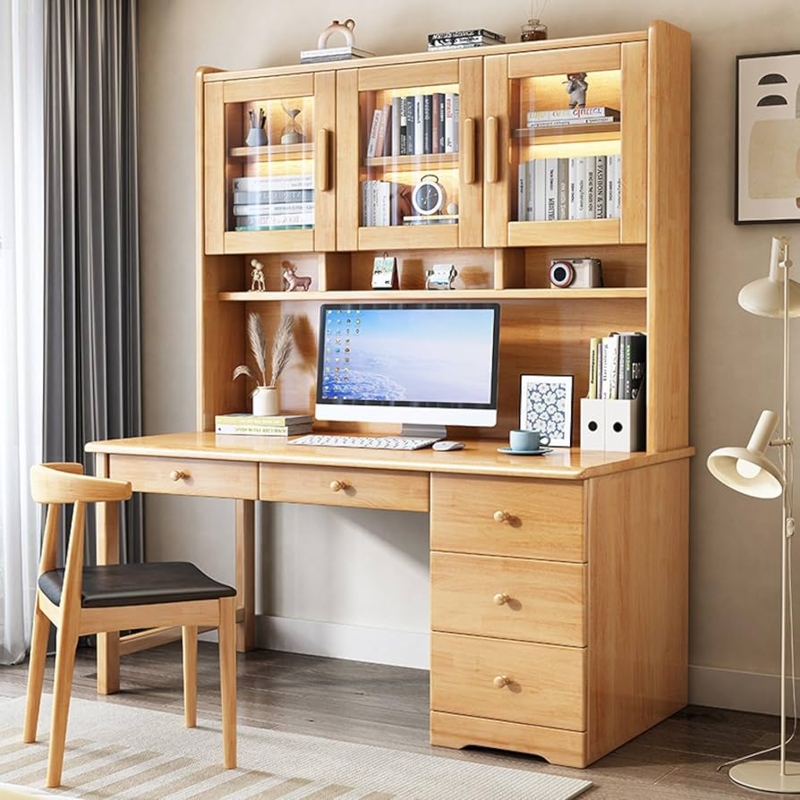 Scandi Style Computer Desk Hutch: Natural Wood Monitor Nook Storage