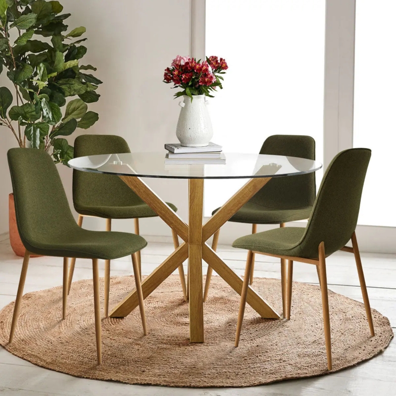 Scandi Style Dining Set: Wood X-Frame Table & Forest Green Chairs