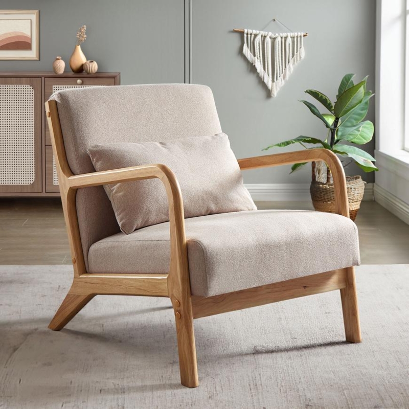 Scandinavian Accent Chair in Beige Linen with Curved Wooden Arms