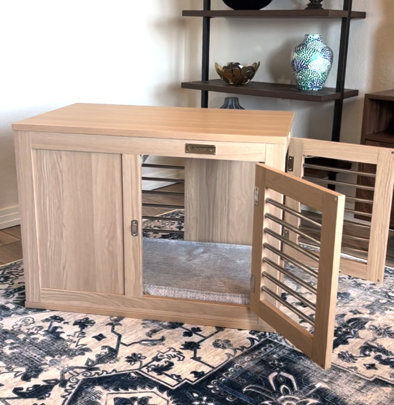 Scandinavian Dog Crate in Light Oak with Horizontal Metal Slats