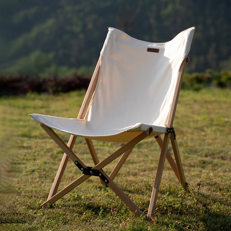 Scandinavian Folding Chair with Natural Wood Frame and Off-White Sling
