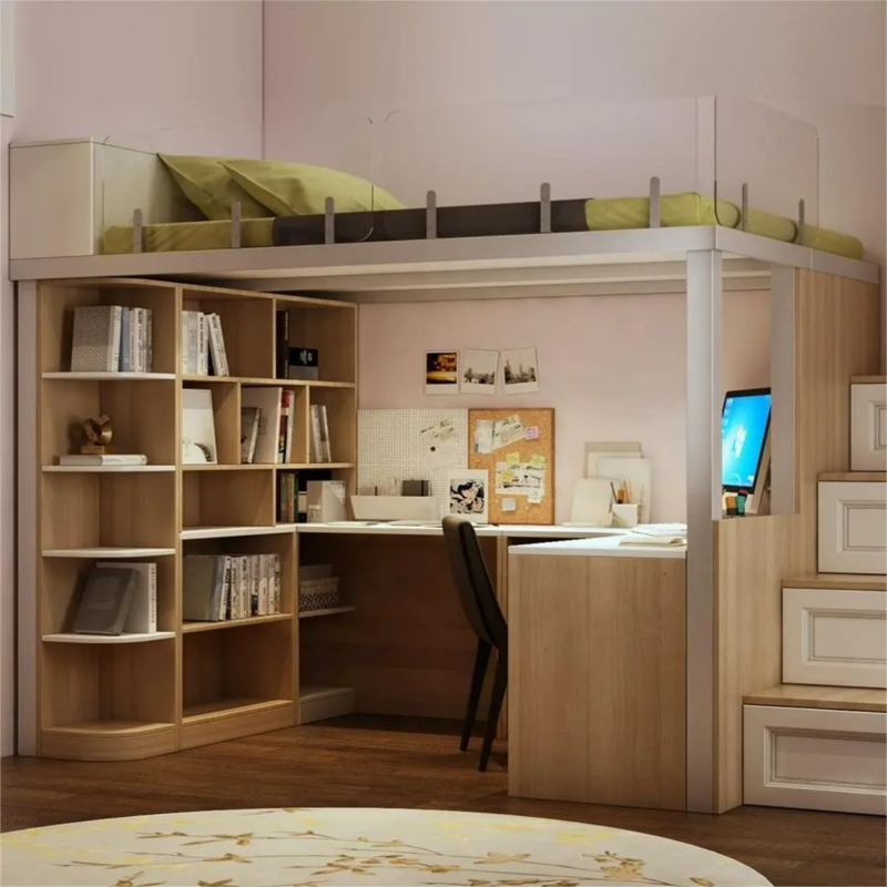 Scandinavian Loft Bed with Transparent Glass Guardrail and Storage