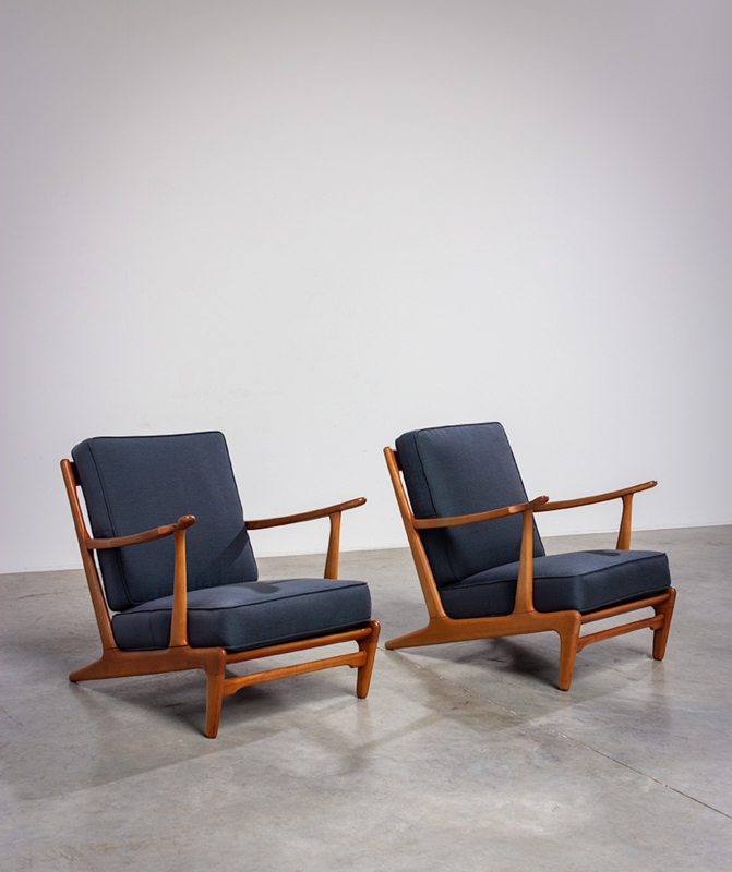 Scandinavian Lounge Chair Set in Charcoal Blue Fabric