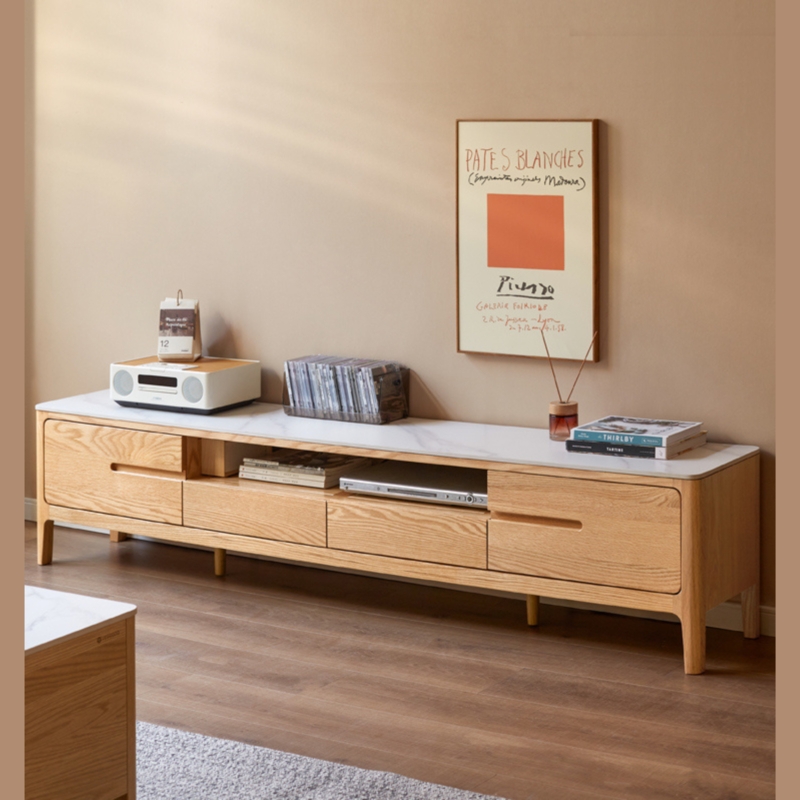 Scandinavian Oak TV Stand featuring a Stone Topped Wood Surface