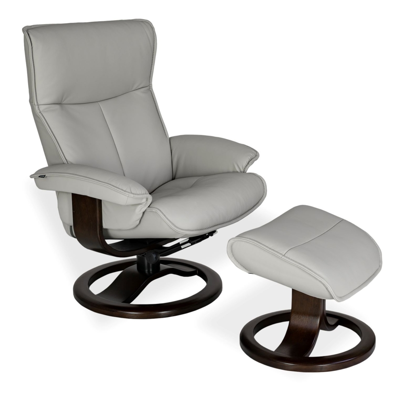 Scandinavian Recliner Set: Light Grey Leather-Like Sloping Arms