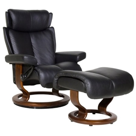 Scandinavian Reclining Chair & Ottoman: Black Leather-Like
