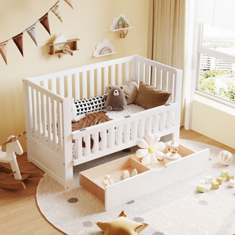 Scandinavian White Convertible Crib with Partitioned Storage Drawer