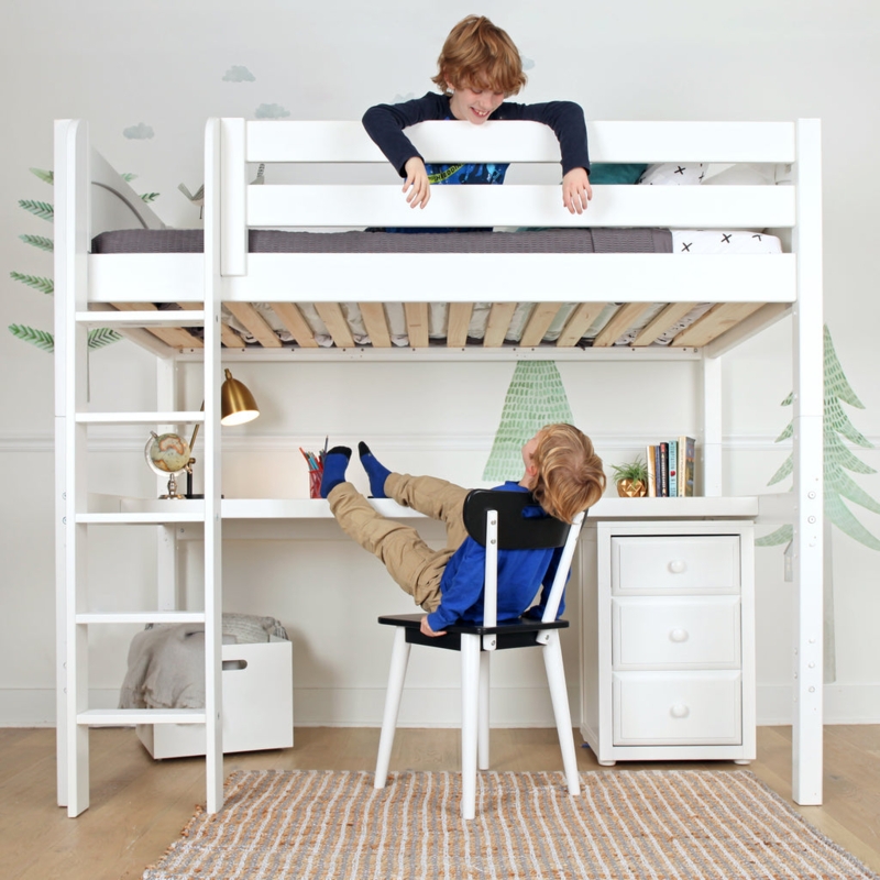 Scandinavian White High Loft Bed with Desk and Storage