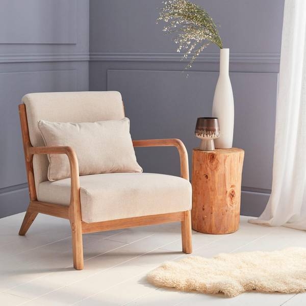 Scandinavian Wooden Accent Chair with Curved Arms and Lumbar Pillow