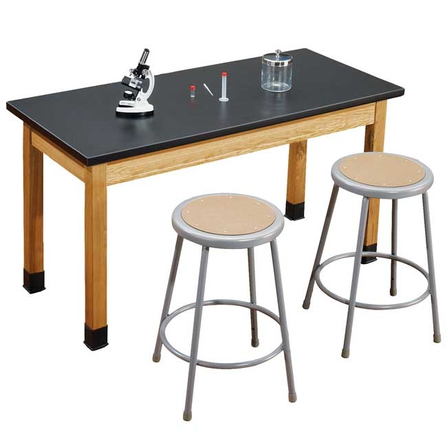 Science Lab Table Set Black Top Wood Frame Gray Metal Stools