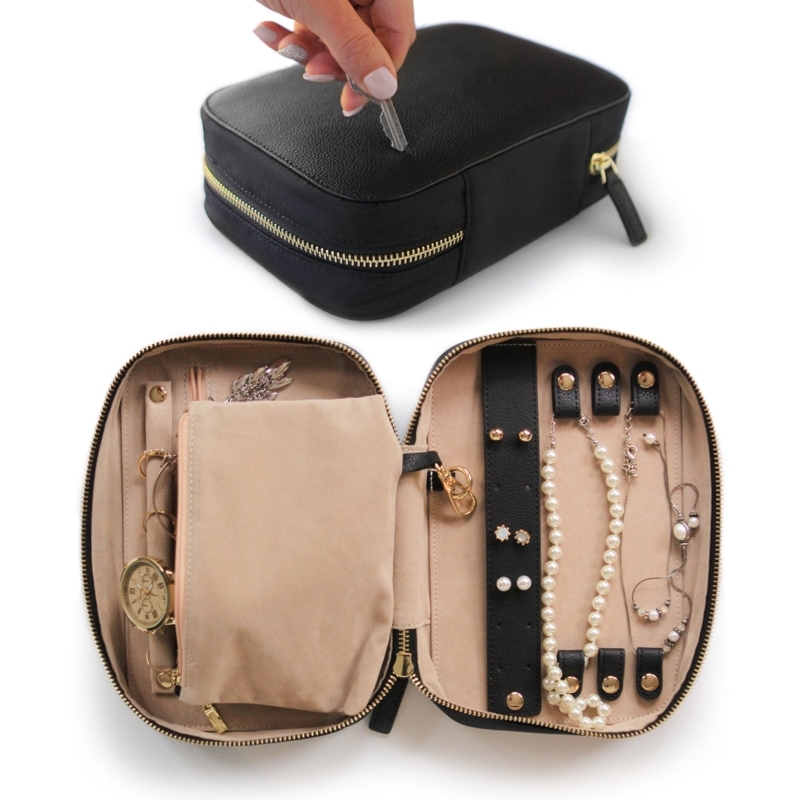 Scratch Resistant Jewelry Case, Matte Black Pebbled with Gold Hardware