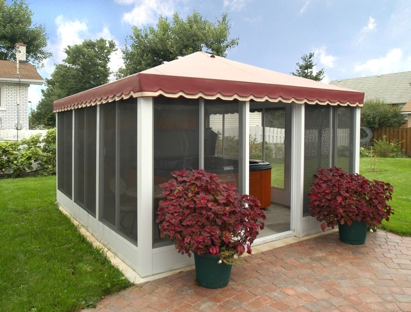 Screened Gazebo Dual Tone Roof Burgundy Scalloped Valance