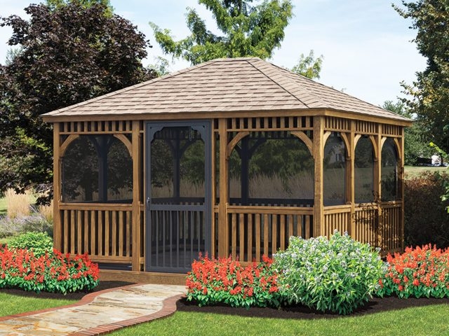 Screened Wood Gazebo Rectangular Footprint Arched Brackets