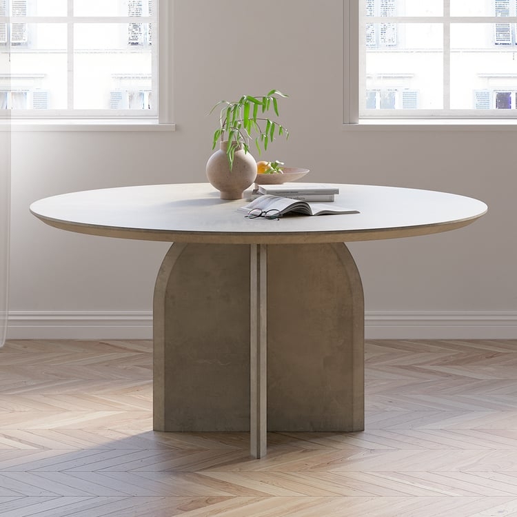 Sculptural Arched Pedestal Dining Table in Textured Stone Gray Finish