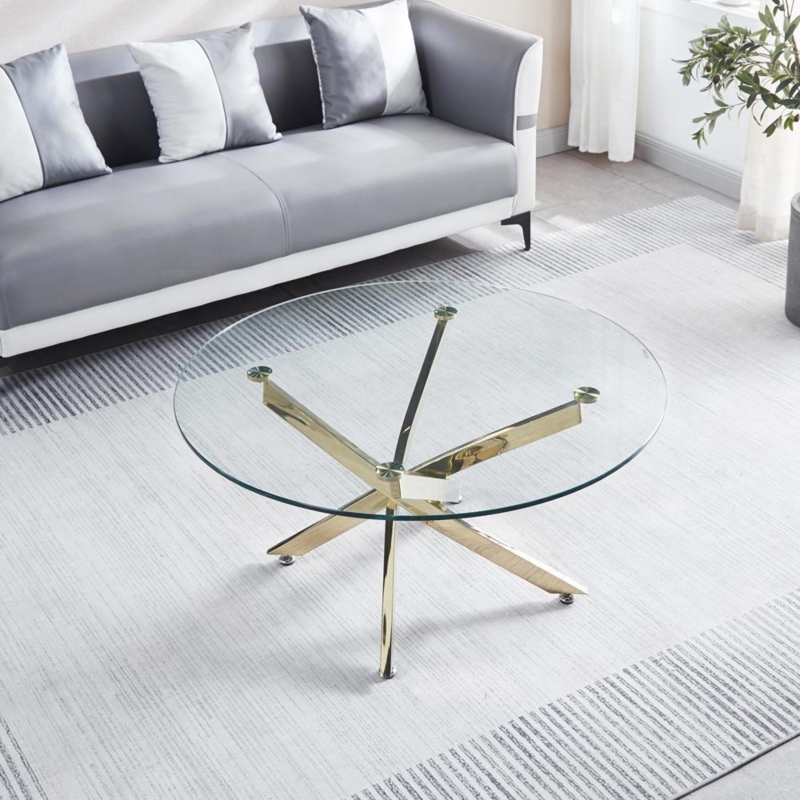 Sculptural Coffee Table Round Glass Gold X-Frame Base Glam