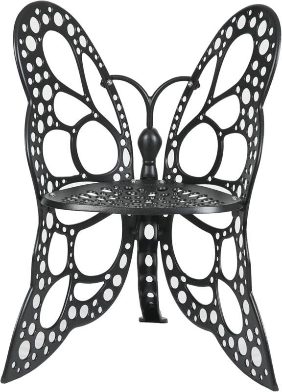 Sculptural Matte Black Metal Garden Chair with Openwork Butterfly Wings