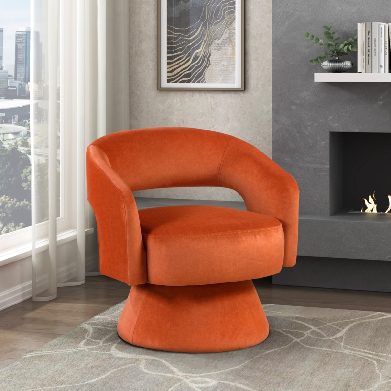 Sculptural Open Back Swivel Chair, Orange Velvet Pedestal