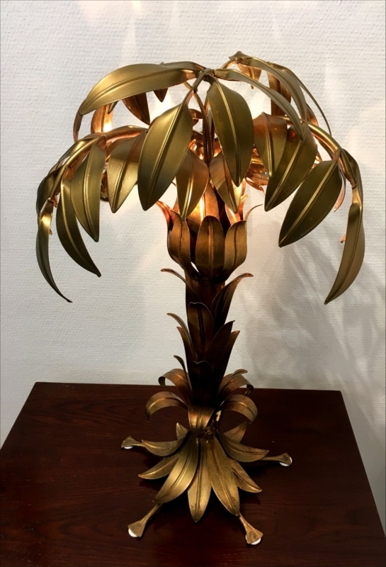 Sculptural Table Lamp, Drooping Fronds, Tiered Trunk, Antique Gold Finish.