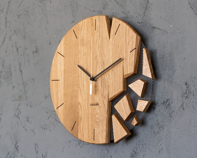 Sculptural Wall Clock Shattered Oak Design Wire Mesh Backing
