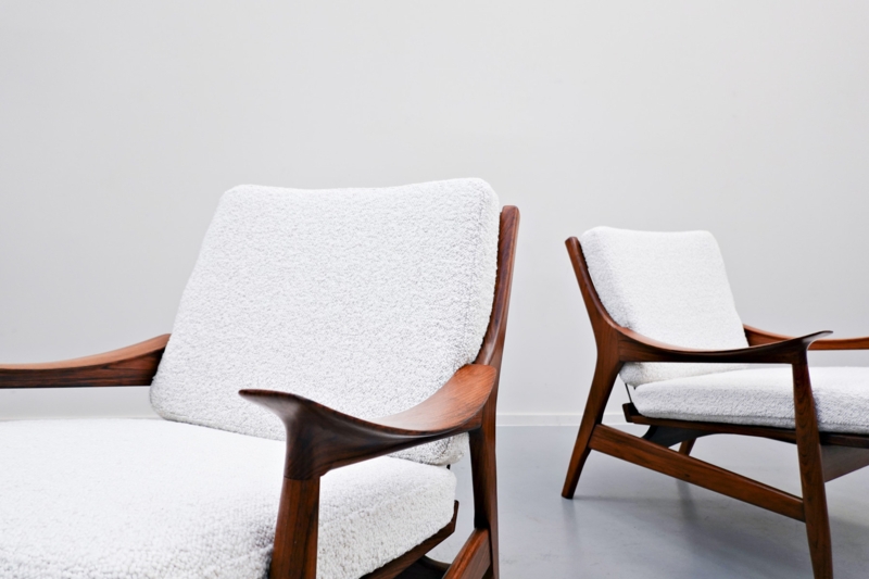 Sculptural Wood Armchair with Bouclé Texture and Tapered Legs