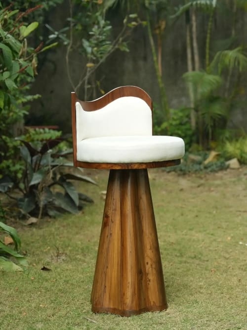 Sculptural Wood Bar Stool Fluted Pedestal Base Wave Curved Back