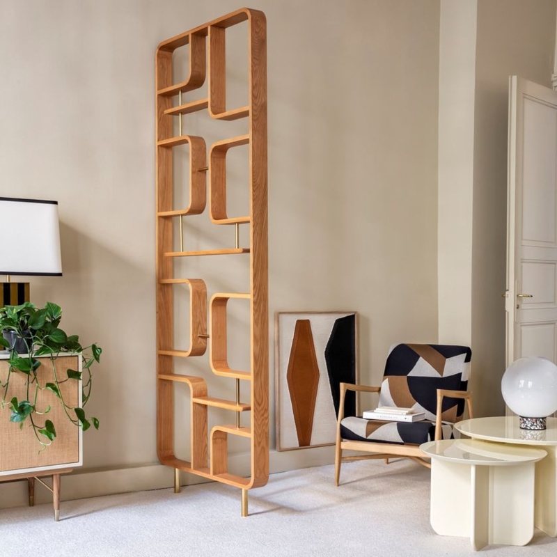 Sculptural Wood Room Divider Rounded Corner Cutouts Brass Supports
