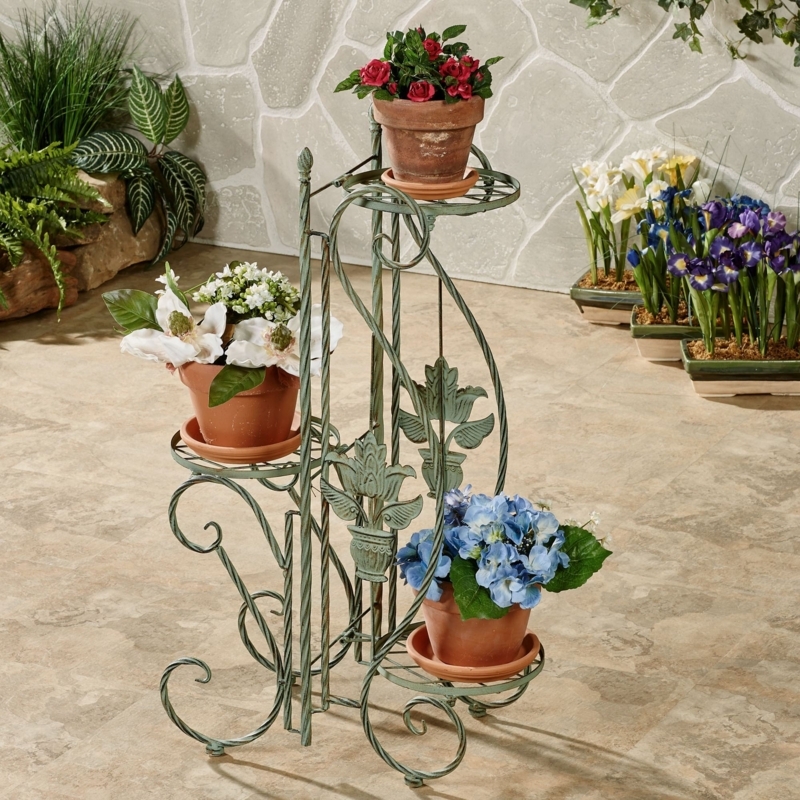 Seafoam Metal Plant Stand with Distressed Finish and Leaf Motif