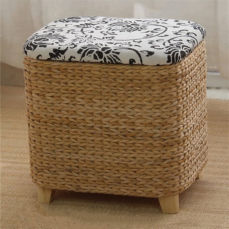 Seagrass Storage Ottoman Botanical Print Padded Seat Legs
