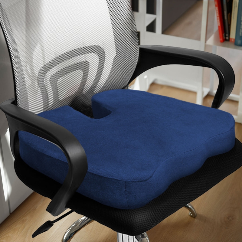 Seat Cushion: Ergonomic Navy Blue Upholstery Coccyx Relief Pillow