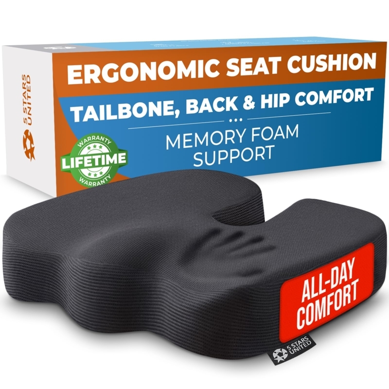 Seat Cushion: U-Shaped Cutout Memory Foam with Bright Red Accent Tag