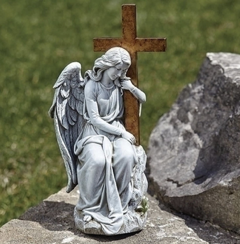 Seated Memorial Angel Garden Statue with Integrated Cross
