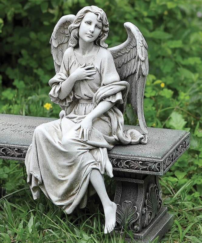 Seated Roman Angel Garden Statue on Ornate Pedestal Bench