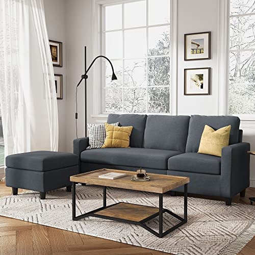 Sectional Sofa Charcoal Fabric Upholstery Geometric Rug Context