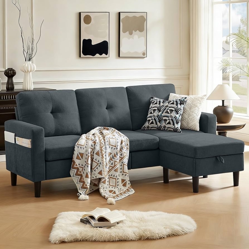 Sectional Sofa Convertible with Movable Ottoman Tufted Back
