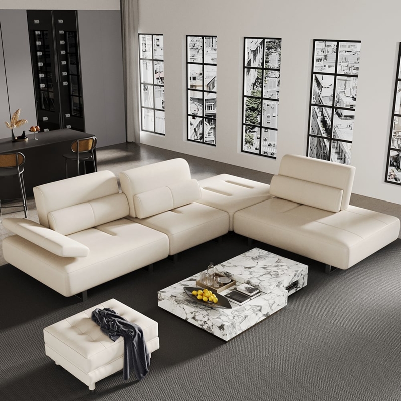 Sectional Sofa: Deep Seat Profile, Adjustable Backrest, L-Shaped Layout
