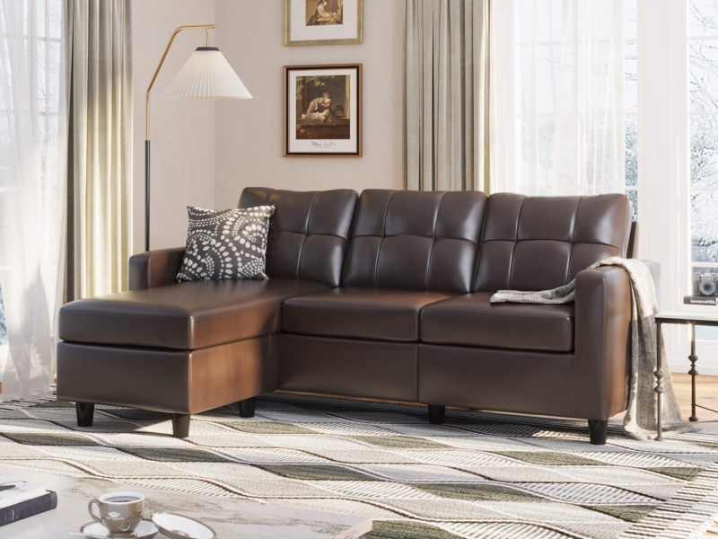 Sectional Sofa Espresso Faux Leather Mid-Century Tufted Back