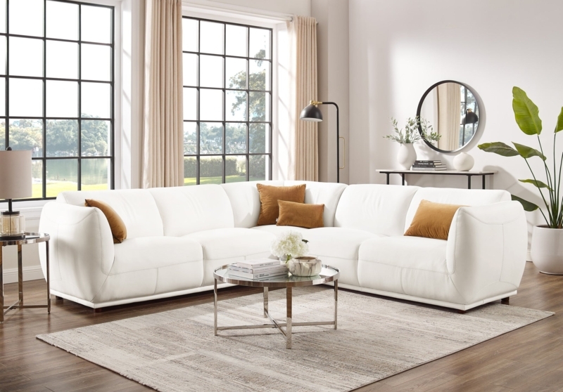 Sectional Sofa featuring Curved Armrests in Moon White Leather-Like Finish