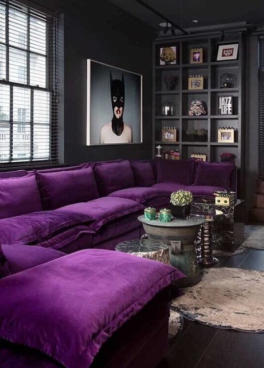 Sectional Sofa in Deep Purple Velvet for Moody Contemporary Styles