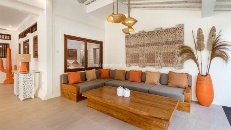Sectional Sofa L Shaped Chunky Wood Base Tropical Modern Orange Accents