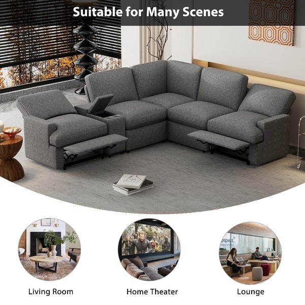 Sectional Sofa L Shaped Design Charcoal Grey Power Recliner Console