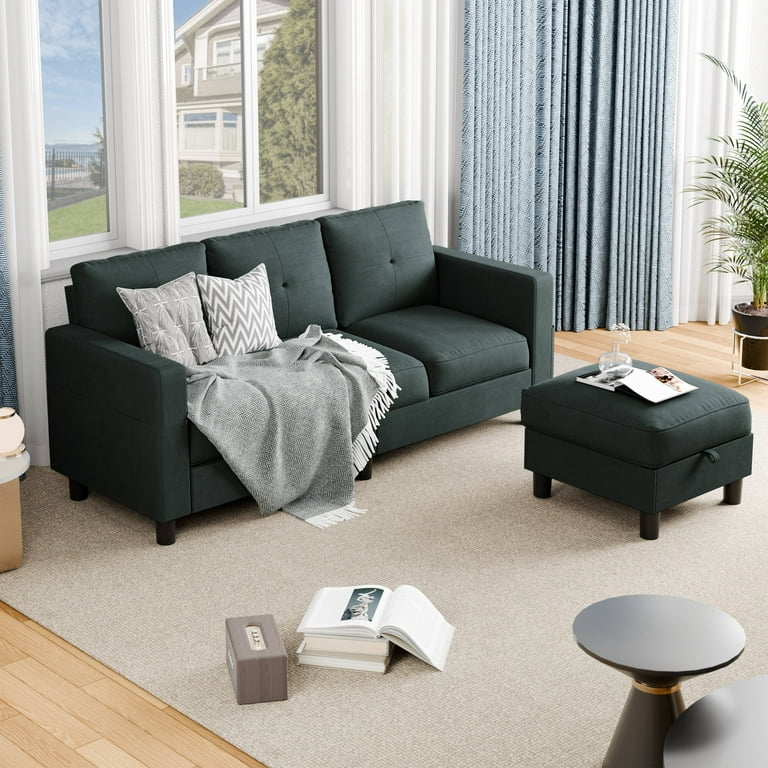 Sectional Sofa Linen Texture Reversible Chaise Tufted Back