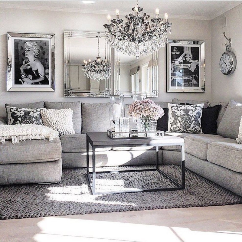 Sectional Sofa Monochromatic Palette Mirrored Frames