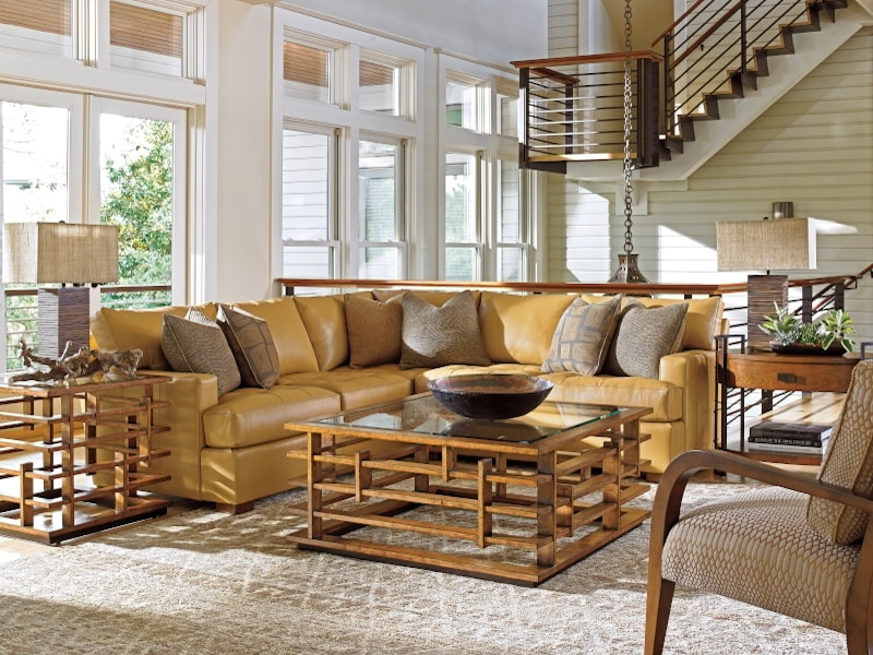 Sectional Sofa: Mustard Yellow Upholstery, Geometric Lattice Base