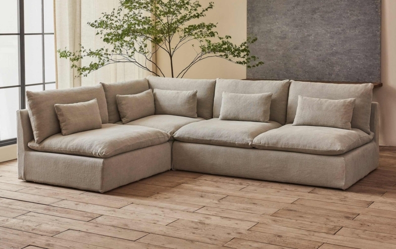 Sectional Sofa Oatmeal Beige Slipcovered Look Plush Cushions