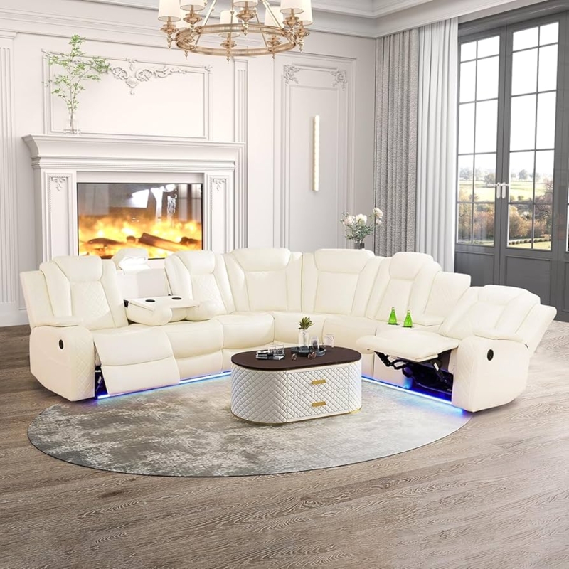 Sectional Sofa Power Recliner with Blue LED Lighting and Cup Holders