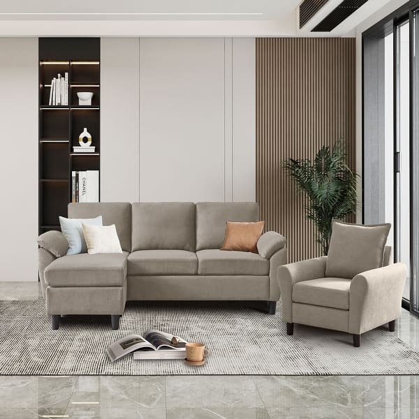 Sectional Sofa Set Reversible Chaise Flared Arms Taupe Upholstered