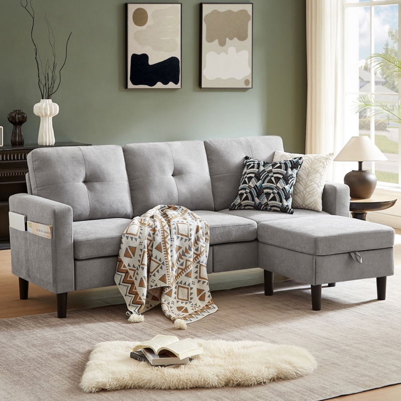 Sectional Sofa Side Storage Pocket Reversible Chaise Modern