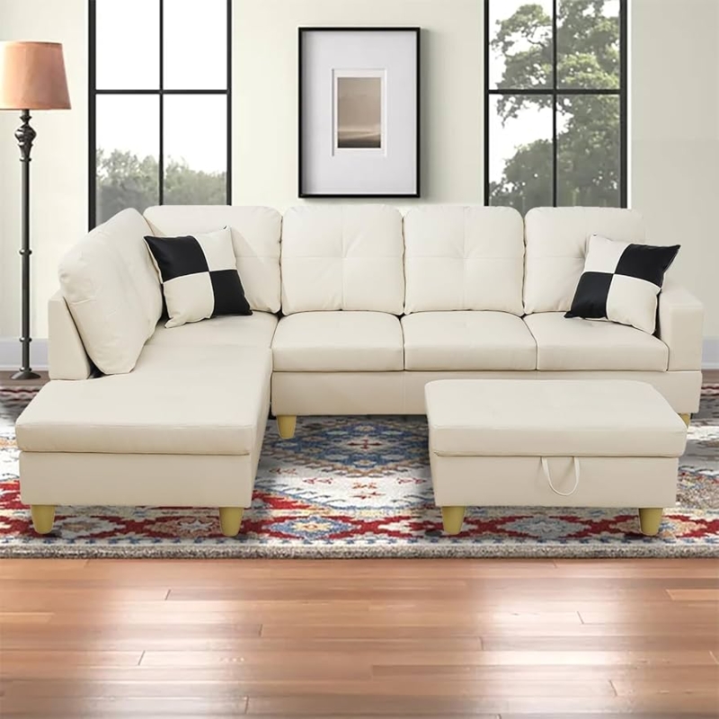 Sectional Sofa: Tufted Back, Storage Ottoman, Tapered Wood-Toned Legs