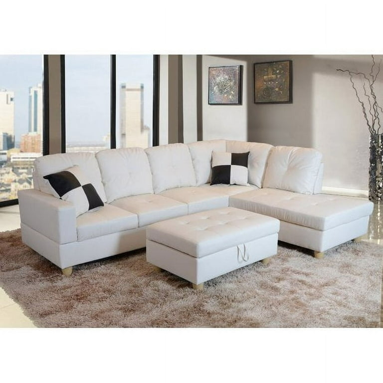 Sectional Sofa: Tufted Seats, Storage Ottoman, Light Wood-Toned Legs