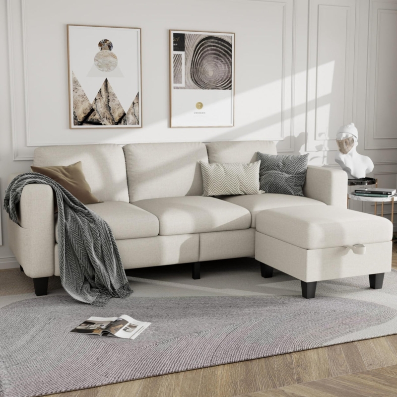 Sectional Sofa Warm Beige Woven Fabric Removable Cushions